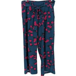 Torrid Blue Black Pink Floral Crepe Wide Leg Elastic Waist Belt Tie Pant 2 18 20